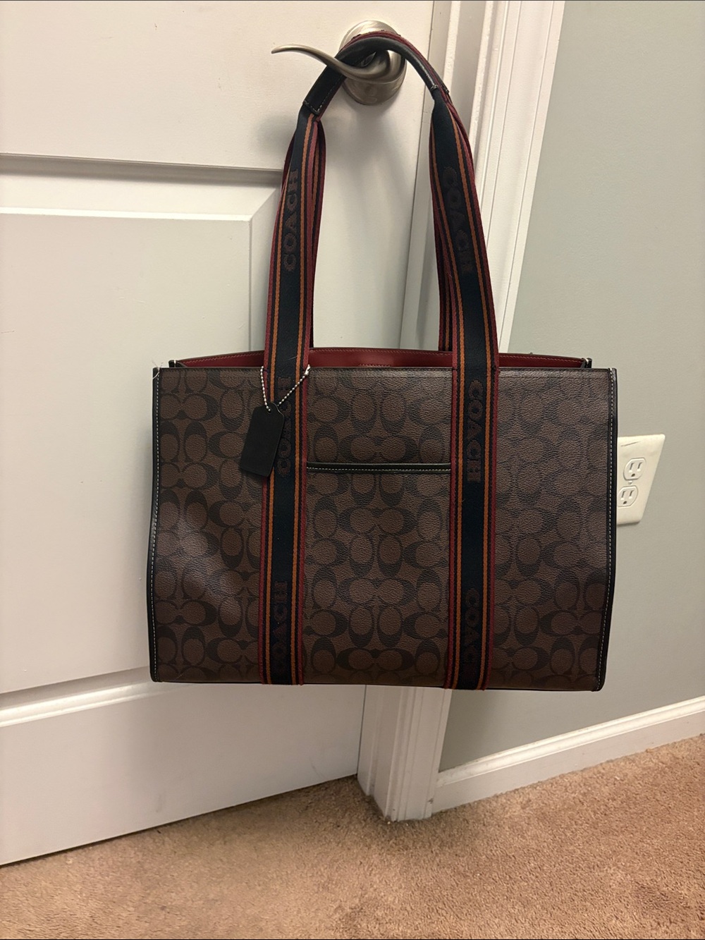 Coach Brown Signature Canvas Tote with Red-Trim Straps